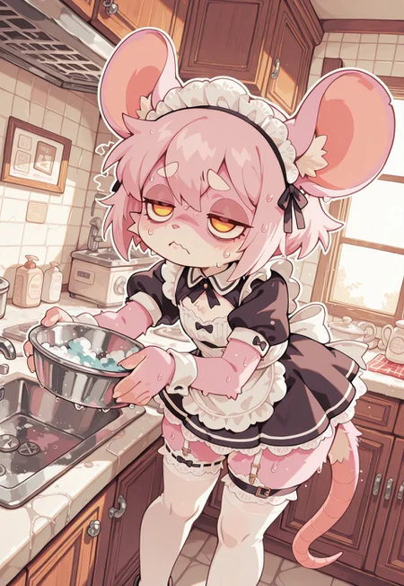 perfect eyes, S4bit4mago_illu, anime style, s0wasow4rt_illu, masterpiece, newest, highres, score_9, score_8_up, score_7_up, Nameless_Style, rat girl, _Style, rat, furry:1.2, Cartoon_Type, curvy, fluffy1.3, shortstack rat girl, small chest, lace styled dress, maid outfit, short skirt, (close up), panoramic view, kitchen, sink, washing dishes, lots of dishes, short hair, thick white outline, white stockings, arms in suds, curvy, white lace, short sleeves, thigh garter, face focus, fabric, intricate lace, leaning over, intricate details:1.2, long dress, pink fur, stockings, standing upright, rat tail, lidded eyes,, tired, worried, sweating, panicking, nervous, washing, dynamic angle, exhausted, countershade fur, stylish, pose, high quality, cute background,