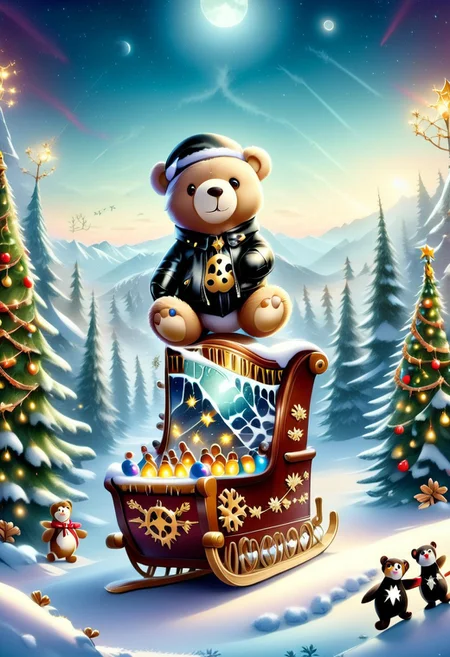 xmastedx,Festive,
(masterpiece, best quality:1.2), teddy bears' holiday concert, stage in a snowy clearing, teddy bears as rock stars, electric guitars, drums made of ice, backup singers - penguins, polar bears as roadies, teddy bears wearing leather jackets with tinsel accents, playing energetic rock music, the stage surrounded by a cheering crowd of forest animals, snow - covered mountains in the background, a full moon shining brightly.