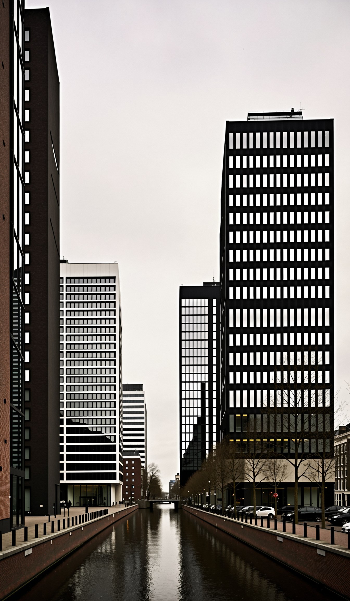 striking view of modern buildings, showcasing a blend of rich textures and materials that highlight contemporary architectural elements and design in Amsterdam Zuid, ultra long exposure shot, serene, minimalist, clean, perfect composition, stunning, film grain, atmospheric, muted colors, parallel lines, architecture shot, front view