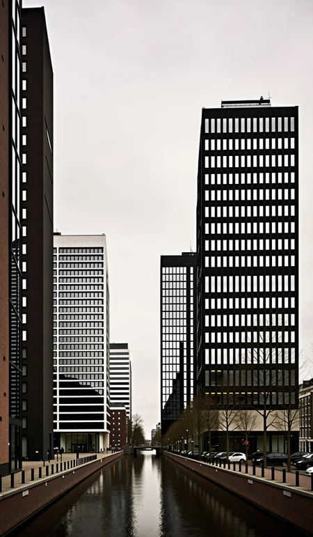 striking view of modern buildings, showcasing a blend of rich textures and materials that highlight contemporary architectural elements and design in Amsterdam Zuid, ultra long exposure shot, serene, minimalist, clean, perfect composition, stunning, film grain, atmospheric, muted colors, parallel lines, architecture shot, front view