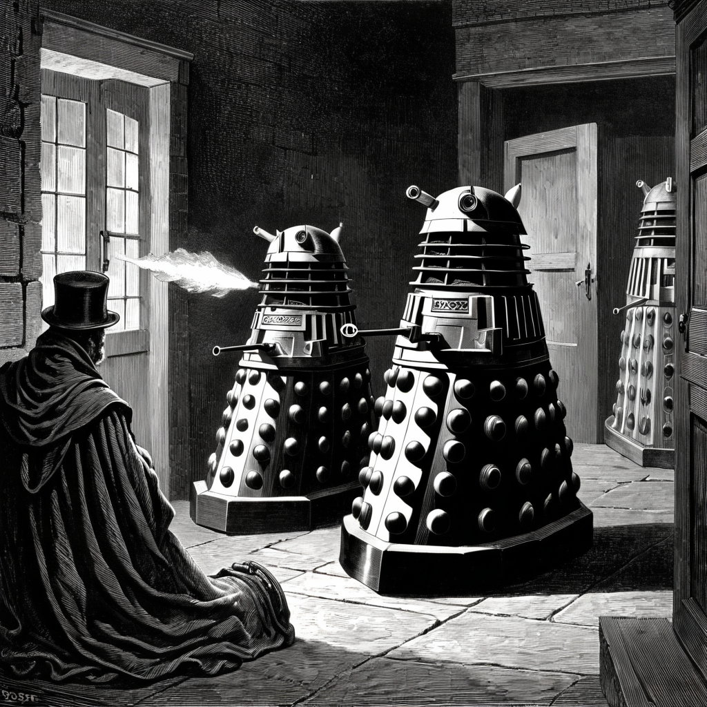 (woodcut illustration:1.2) in detailed gustavedore style, , crisp even lines, medium contrast, Tenebrism
movie scene of The Daleks (Doctor Who),  spooky, 
by gustave dore <lora:GustaveDore_StyleXLv6.1:0.5>  <lora:xl_more_art-full_v1:0.25> <lora:add-detail-xl:0.45>