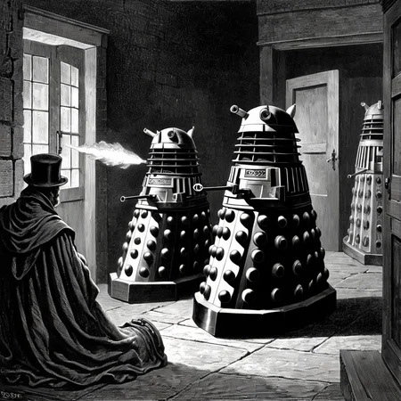 (woodcut illustration:1.2) in detailed gustavedore style, , crisp even lines, medium contrast, Tenebrism
movie scene of The Daleks (Doctor Who), spooky,
by gustave dore <lora:GustaveDore_StyleXLv6.1:0.5> <lora:xl_more_art-full_v1:0.25> <lora:add-detail-xl:0.45>