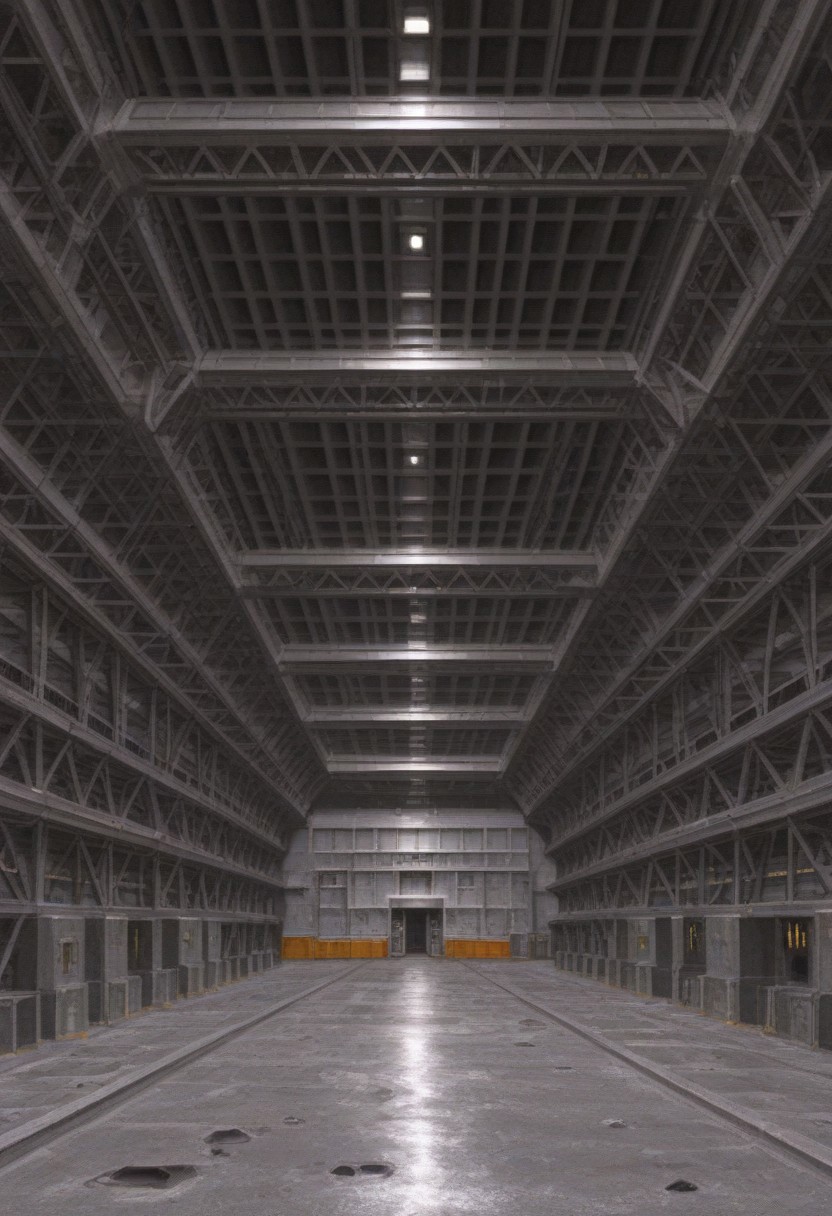 best quality, masterpiece, 
no humans, 
building, warehouse, industrial, metal, science fiction, 
concrete,