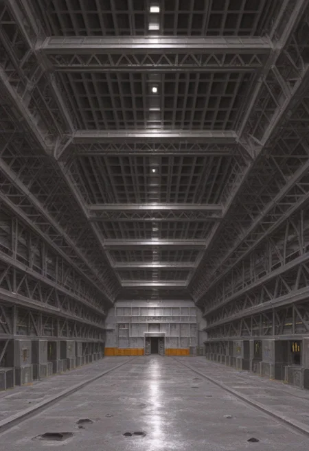 best quality, masterpiece,
no humans,
building, warehouse, industrial, metal, science fiction,
concrete,