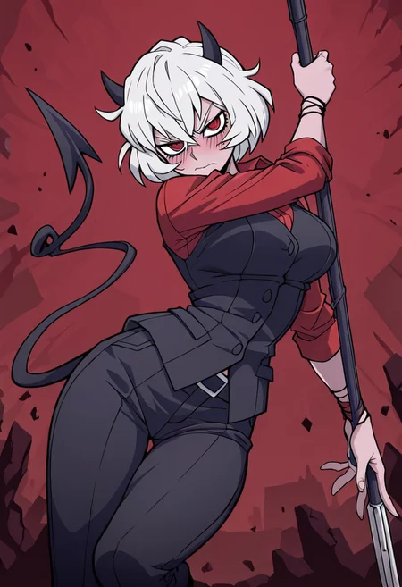 masterpiece, best quality, newest, absurdres, highres, anime, anime style, DPDV1.0, dynamic pose, polearm, holding polearm, holding weapon, weapon,
1girl, malina (helltaker), demon girl, short hair, white hair, horns, demon tail,
spear, holding spear,