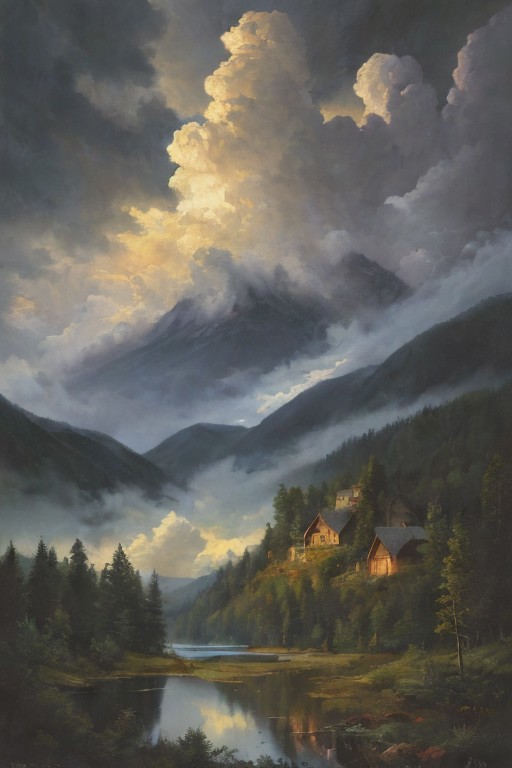 Masterpiece, high-resolution, oil painting, tall mountains, pine forest, log cabin, lake, large thunderstorm clouds in the distance