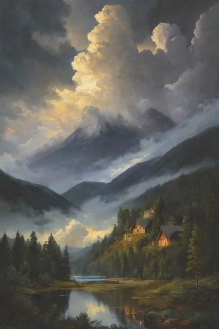 Masterpiece, high-resolution, oil painting, tall mountains, pine forest, log cabin, lake, large thunderstorm clouds in the distance