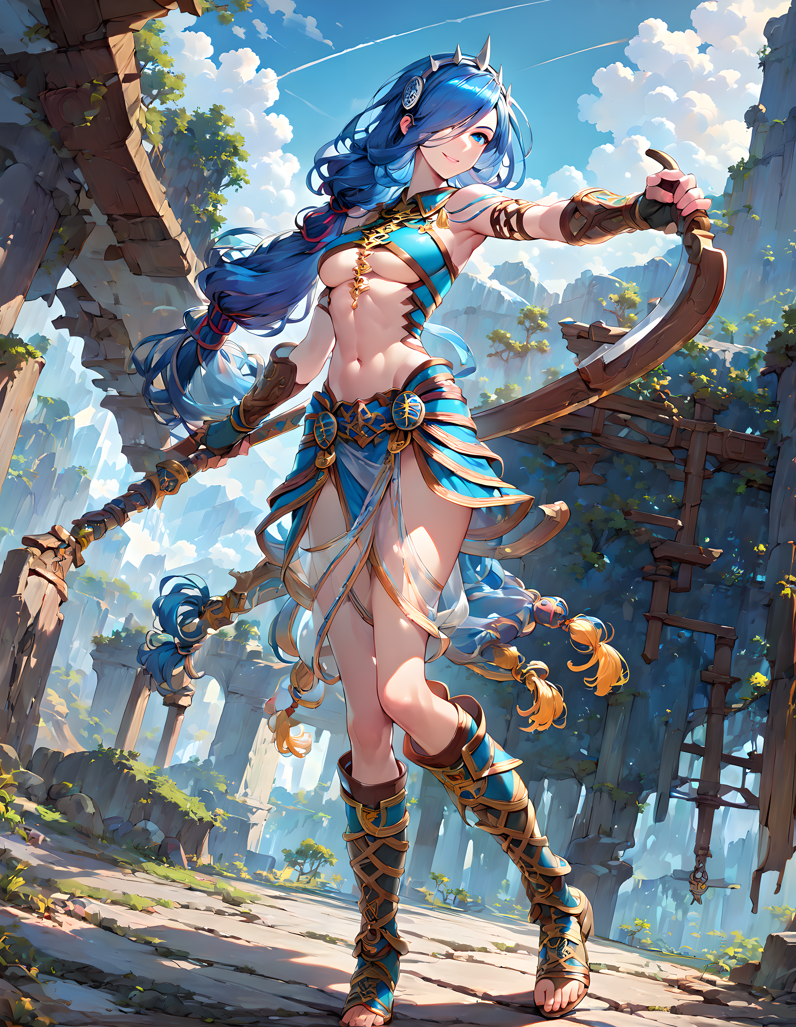 <lora:pony_xl_dana:0.9>,dana,score_9,score_8_up,score_7_up,source_anime,1girl,solo,hair over one eye,shiny hair,white hairband,revealing clothes,midriff,underboob,navel,bracer,transparent sleeve,shiny,fingerless gloves,transparent hem,boots,weapon,holding weapon,dual wielding,full body,smile,standing,nature,remains,