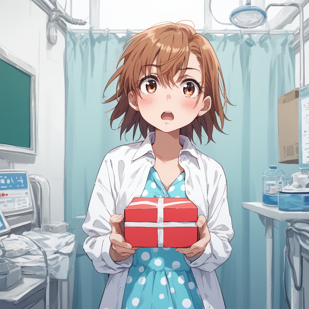anime coloring, score_9, score_8_up, score_7_up, score_6_up, misaka20001 last-order, toaru, 1girl, solo, brown hair, polka dot, shirt, open mouth, short hair, parody, box, upper body, polka dot dress, holding, blush, white shirt, open clothes, blue dress, holding box, dress shirt, clinic, hospital interior
