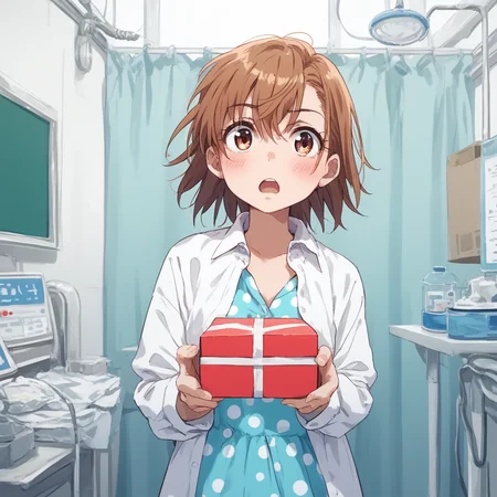 anime coloring, score_9, score_8_up, score_7_up, score_6_up, misaka20001 last-order, toaru, 1girl, solo, brown hair, polka dot, shirt, open mouth, short hair, parody, box, upper body, polka dot dress, holding, blush, white shirt, open clothes, blue dress, holding box, dress shirt, clinic, hospital interior