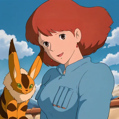 <lora:NotVotW_NausicaaXLIllustrious022>,
masterpiece,best quality,good quality,newest,
detailed background,blue sky,cloud,
smile,open mouth,
looking at viewer,
solo,
Nausicaa,1girl,brown hair,medium hair,brown eyes,
breasts,
blue dress,
upper body,
green eyes animals,pets,
