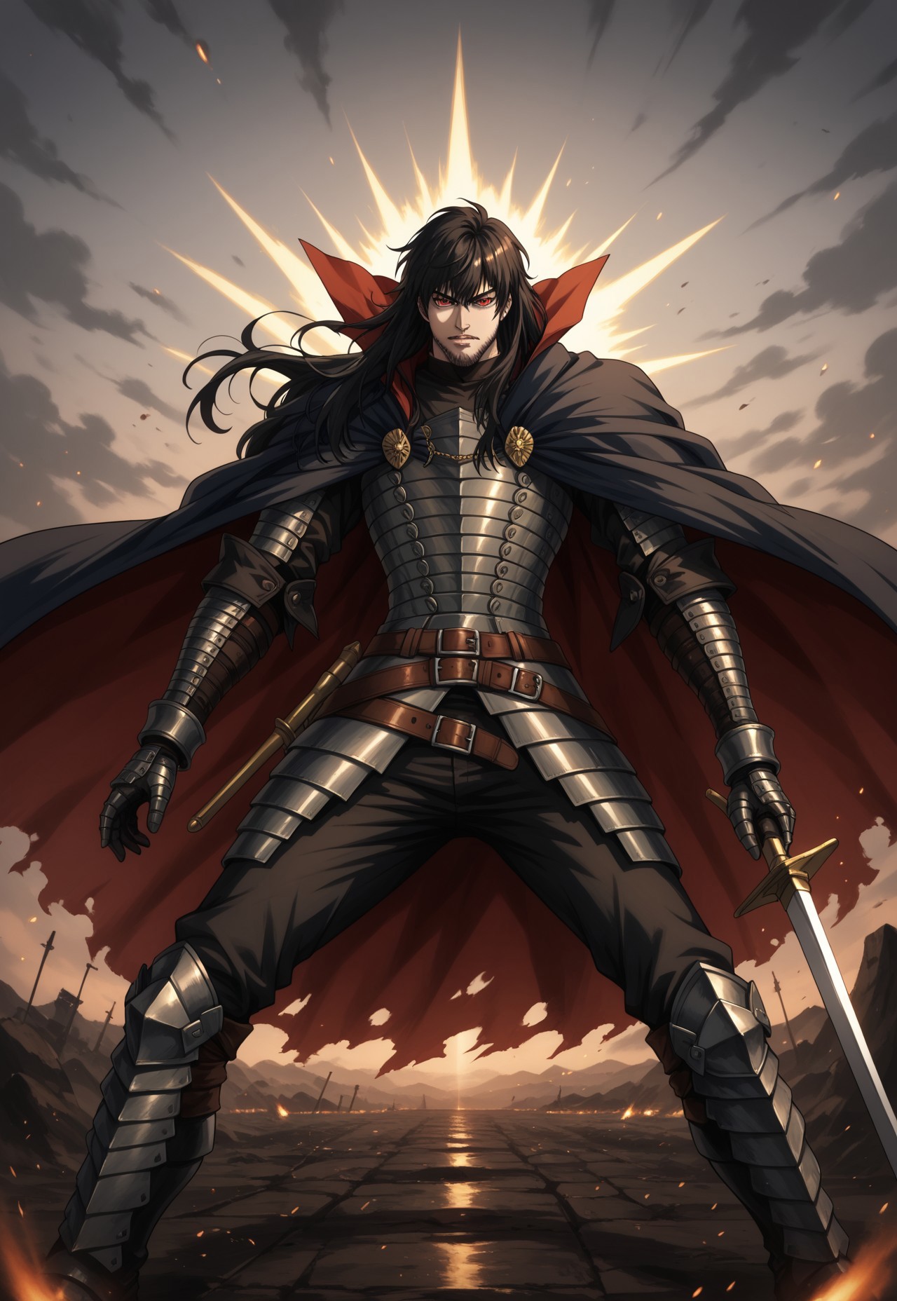 safe_pos, score_9, score_8_up, score_7_up, masterpiece, best quality, Vladcard, solo, 1boy, black hair, long hair, red eyes, facial hair, mustache, two-tone cloak, black cape, full armor, breastplate, gauntlets, multiple belts, faulds, cuisses, greaves, claymore_(sword), holding, serious, looking at viewer, full body, battlefield, dawn, dynamic pose, perspective