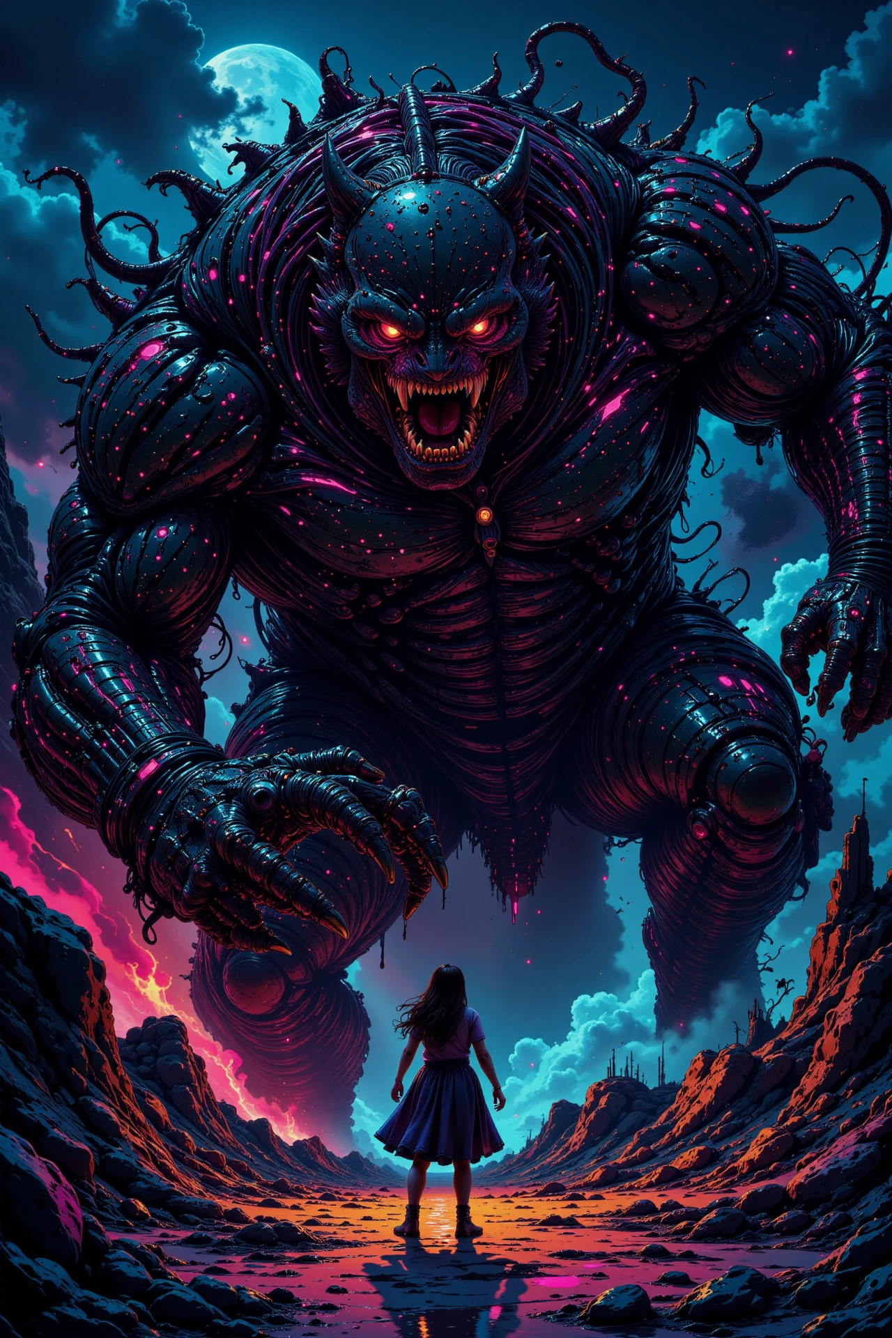 a girl escaping from a monster, dusk, woman, very intricate, very detailed, sharp, bright, colorful, <lora:Hand v2:0.5> <lora:Anti-Blur:1><lora:Insane Detail Slider:0.25>  <lora:flux.1_lora_flyway_Epic-detail_v2:0.3> <lora:fluxenhancer:0.25><lora:ck-Neon-Retrowave:0.4> ck-rw, in the style of ck-rw,  <lora:Neurocore Anime Cyberpunk:0.8> A digital artwork in the style of cknc