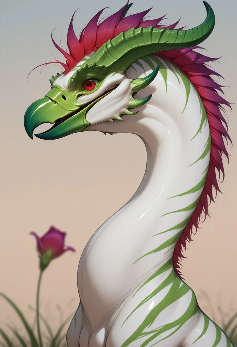 Rating: safe, masterpiece, best quality, amazing quality, highres, absurdres, Gaula, 1animal, biped, feral, sharp beak, red tail tip, flower bud tail, green and purple horns, forward-pointing horns, white skin, variegated green stripes, raschen, short, small, rodent physique,
close up, head focus, variety, side view,