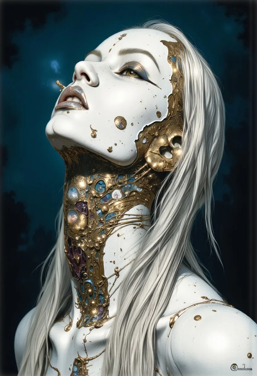 impressionist classical-style painting of a highly detailed, fantasy scene with a dramatic, robotic aesthetic. The central figure is a female robot. Her head and body are made of white, shiny and smooth metal with multi-colored, exposed wiring going down her neck creating an organic mosaic pattern. She is a biomechanical robot and there are wires jacked into her face. Her eyes are an intense silver color with light silver eyeshadow, and her lips are a rich, deep silver color. There is a missing panel on her cheek. A spot light focuses on her from above. Her hair is stark, metallic white strands that falls around the lower half of the image. She is blending in with the background. She is facing you and looking up into the sky intensely. The overall impression is one of dramatic beauty, with an almost otherworldly quality. (((ultra-realistic style))), realistic soft lighting, dark, eye-catching, atmospheric lighting, natural, shallow depth of field, (highlights: 0.8), high detail (dynamic, cinematic shot, film grain, bokeh, depth of field,