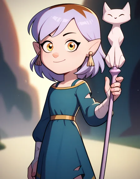 score_9, score_8_up, score_7_up, 1girl, medium shot, amity blight <lora:Amity Blight-000030:1> smile, holding staff, looking at viewer, blue dress