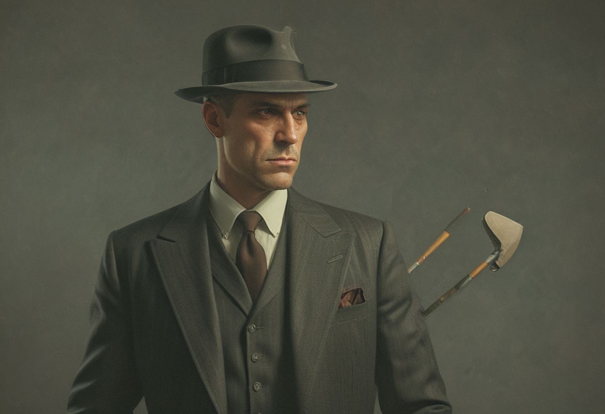 1920s mobster holding a club while wearing a 3 piece black suit and Black Bowler Derby Hat Short Rolled Brim Fedora Hat,  Vibrant (George Tooker) and (Simon Stalenhag) and (Holly Andres) book cover style.
Title: "The Closer".
Life-like details.
Cinematic. Dramatic. Dynamic. 
Pristine Aesthetic.
Enigmatic.
Emotionally Moving.
Moody.
Extremely refined lines and and shapes.
Extremely refined details on objects.
Sharp details.
Complementary colors.
Many details everywhere. Ray-Tracing. Anti-Aliasing. Realistic soft shadows. Low saturation colors. Insane quality. Insane resolution. Insane details. Masterpiece. 32k resolution.