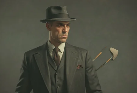 1920s mobster holding a club while wearing a 3 piece black suit and Black Bowler Derby Hat Short Rolled Brim Fedora Hat, Vibrant (George Tooker) and (Simon Stalenhag) and (Holly Andres) book cover style.
Title: "The Closer".
Life-like details.
Cinematic. Dramatic. Dynamic.
Pristine Aesthetic.
Enigmatic.
Emotionally Moving.
Moody.
Extremely refined lines and and shapes.
Extremely refined details on objects.
Sharp details.
Complementary colors.
Many details everywhere. Ray-Tracing. Anti-Aliasing. Realistic soft shadows. Low saturation colors. Insane quality. Insane resolution. Insane details. Masterpiece. 32k resolution.