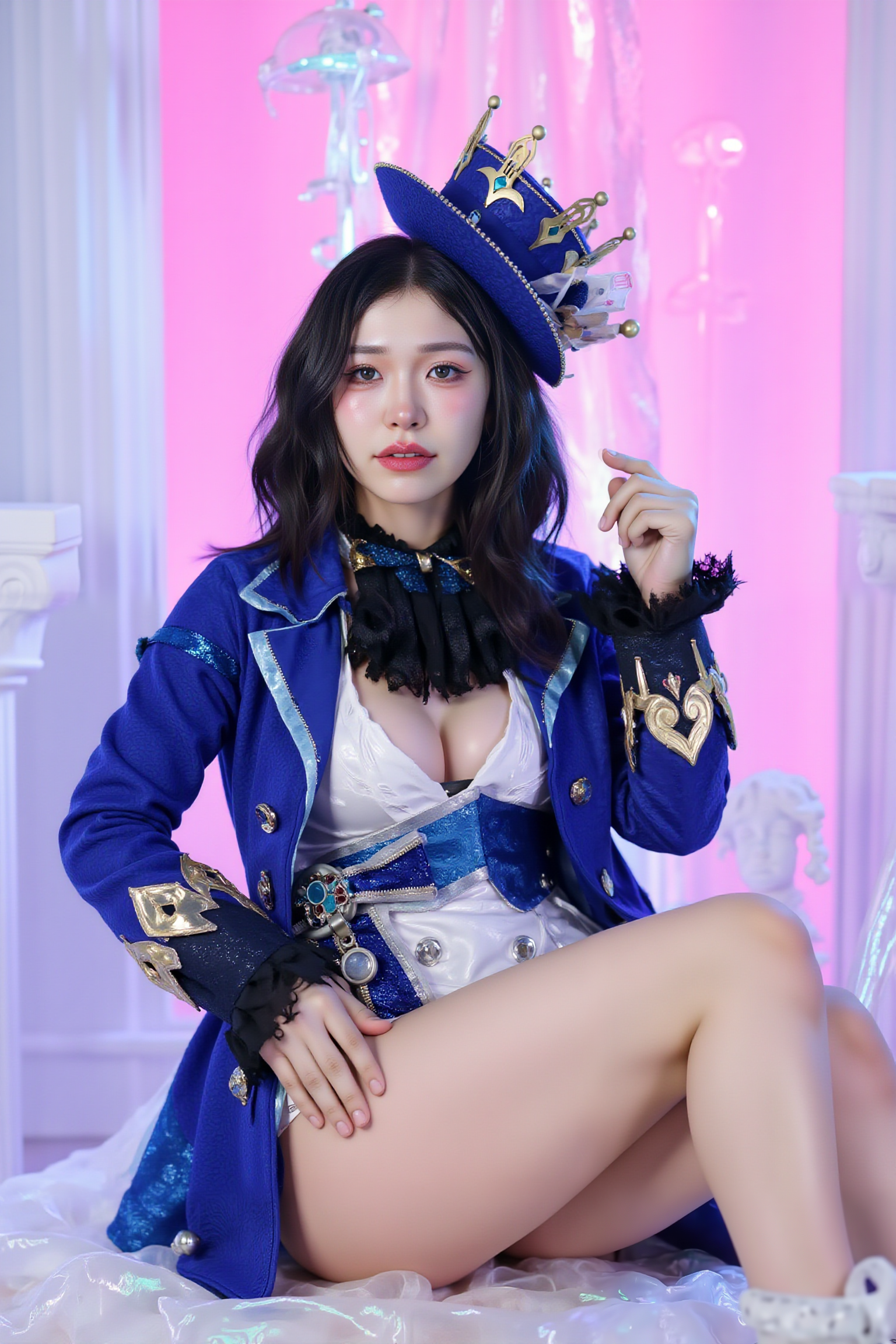A professional, high-resolution photograph of a young woman gracefully seated on the floor in a side-sitting position, legs swept softly to one side. Her posture emphasizes gentle curves and elegance, one hand lightly touching the floor for balance, the other softly placed in her lap. Her expression is composed, serene, and engaging.

She is wearing SGWN34Clothing, a blue and gold crown with intricate details, a matching blue coat with gold accents, a white corset, and thigh-high boots.. Her makeup is dramatic, with dark eyeliner and bold, glossy pink lips. 

The lighting features a high-contrast, monochromatic white color scheme that creates a moody, intimate atmosphere. 

The photography technique uses what appears to be soft lighting to create a glamorous effect, with careful attention to highlighting contours while maintaining the dominant light pink color scheme throughout the frame.

The overall aesthetic combines elements of fashion photography, traditional Asian visual motifs, and contemporary boudoir styling. The dramatic light pink lighting creates a cohesive visual theme that ties all elements of the composition together.

The white light emit on her to show her feature.