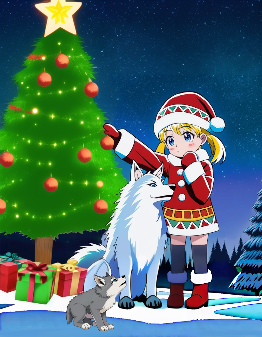 (masterpiece), Animal Christmas, 1girl petting wolf, wearing tribal winter saami attire, anime art, cute blonde, twintails hair, blue eyes, chibi, shortstack, 1girl petting arctic wolf, wolf pups frolicking, matte background, alpine winter, outdoors, zettai ryouik, black kneehigh socks, red leather boots, mittens, sparkling frosted pine trees, whimsical winter scene, starry night sky, <lora:animal christmas:0.9>, christmas tree, best quality, very aesthetic, perfect face