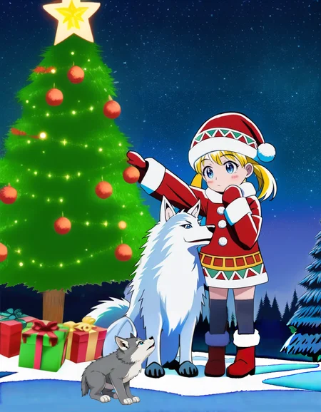(masterpiece), Animal Christmas, 1girl petting wolf, wearing tribal winter saami attire, anime art, cute blonde, twintails hair, blue eyes, chibi, shortstack, 1girl petting arctic wolf, wolf pups frolicking, matte background, alpine winter, outdoors, zettai ryouik, black kneehigh socks, red leather boots, mittens, sparkling frosted pine trees, whimsical winter scene, starry night sky, <lora:animal christmas:0.9>, christmas tree, best quality, very aesthetic, perfect face