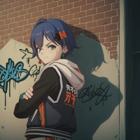 score_9, score_8_up, score_7_up, <lora:belle.pony:1> 1girl, solo, belle,smirk, graffiti, aerosol, crossed arms, wall, alley, looking back