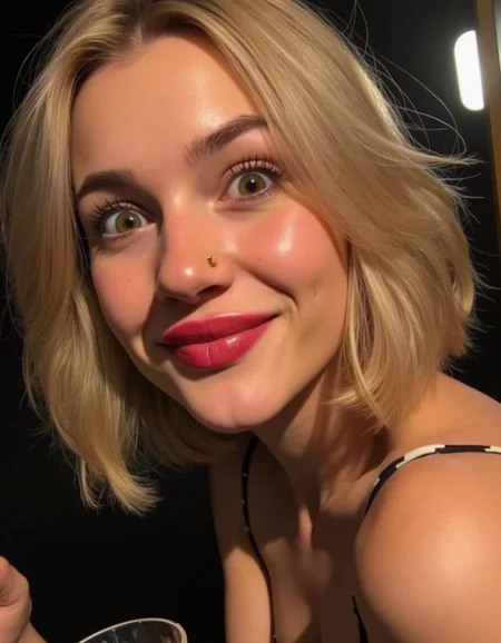 ultra realistic, ultra detailed textures, ultra film grain, low quality cell phone photo, photorealistic, realistic photography, blonde short hair woman, freckles, blemished skin, in a party, looking at the camera, surprised and very happy, smiling making funny faces, funny image, <lora:fb3v3:1> fbphotos