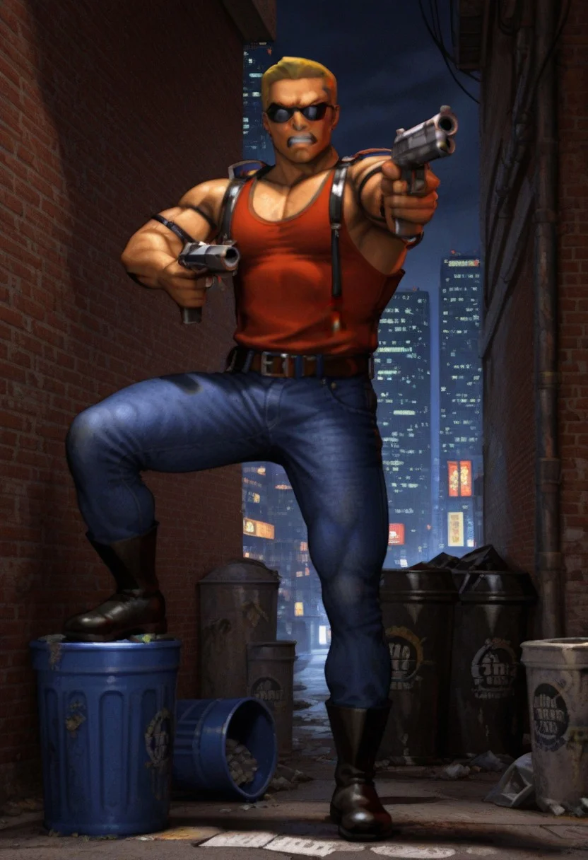 best quality, masterpiece, 
1boy, solo, male focus, 
full body, 
dukenukem, 
muscular male, 
blonde hair, very short hair, 
red tank top, denim pants, boots, belt, 
sunglasses, 
looking at viewer, scowl, clenched teeth, 
holding weapon, holding gun, handgun, aiming, 
outdoors, cityscape, street, brick, trash can