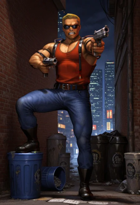 best quality, masterpiece,
1boy, solo, male focus,
full body,
dukenukem,
muscular male,
blonde hair, very short hair,
red tank top, denim pants, boots, belt,
sunglasses,
looking at viewer, scowl, clenched teeth,
holding weapon, holding gun, handgun, aiming,
outdoors, cityscape, street, brick, trash can