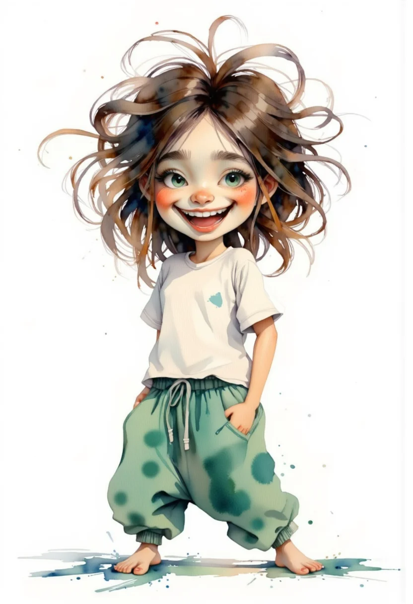 A watercolor painting of a happy young girl with long, messy hair. She is wearing a white t-shirt and green pants with a tie-dye pattern. Her hair is styled in loose waves and falls over her shoulders. She has a big smile on her face and is looking directly at the camera. The background is white and there are splashes of blue and green paint scattered around the girl. The overall mood of the image is cheerful and playful. Sarcastic smile showing teeth, crazy hair, wearing a baggy pajamas, cartoon caracter.