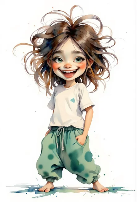 A watercolor painting of a happy young girl with long, messy hair. She is wearing a white t-shirt and green pants with a tie-dye pattern. Her hair is styled in loose waves and falls over her shoulders. She has a big smile on her face and is looking directly at the camera. The background is white and there are splashes of blue and green paint scattered around the girl. The overall mood of the image is cheerful and playful. Sarcastic smile showing teeth, crazy hair, wearing a baggy pajamas, cartoon caracter.