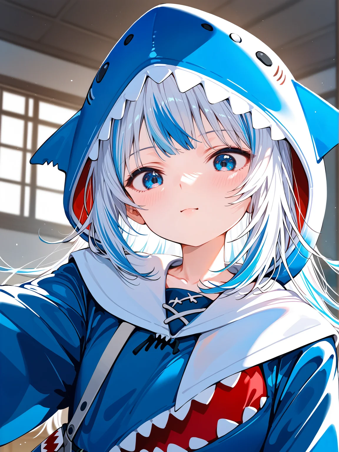 masterpiece,best quality,score_9,score_8_up,score_7_up,best quapoty,highres,absurdres,source_anime,indoors,<lora:NAI:0.7>,NAI_style,<lora:gawr_gura_(1st_costume):0.8>,close-up,upper body,indoors,gawr_gura_(1st_costume),(1girl:1.1),solo,multicolored hair,shark hood,