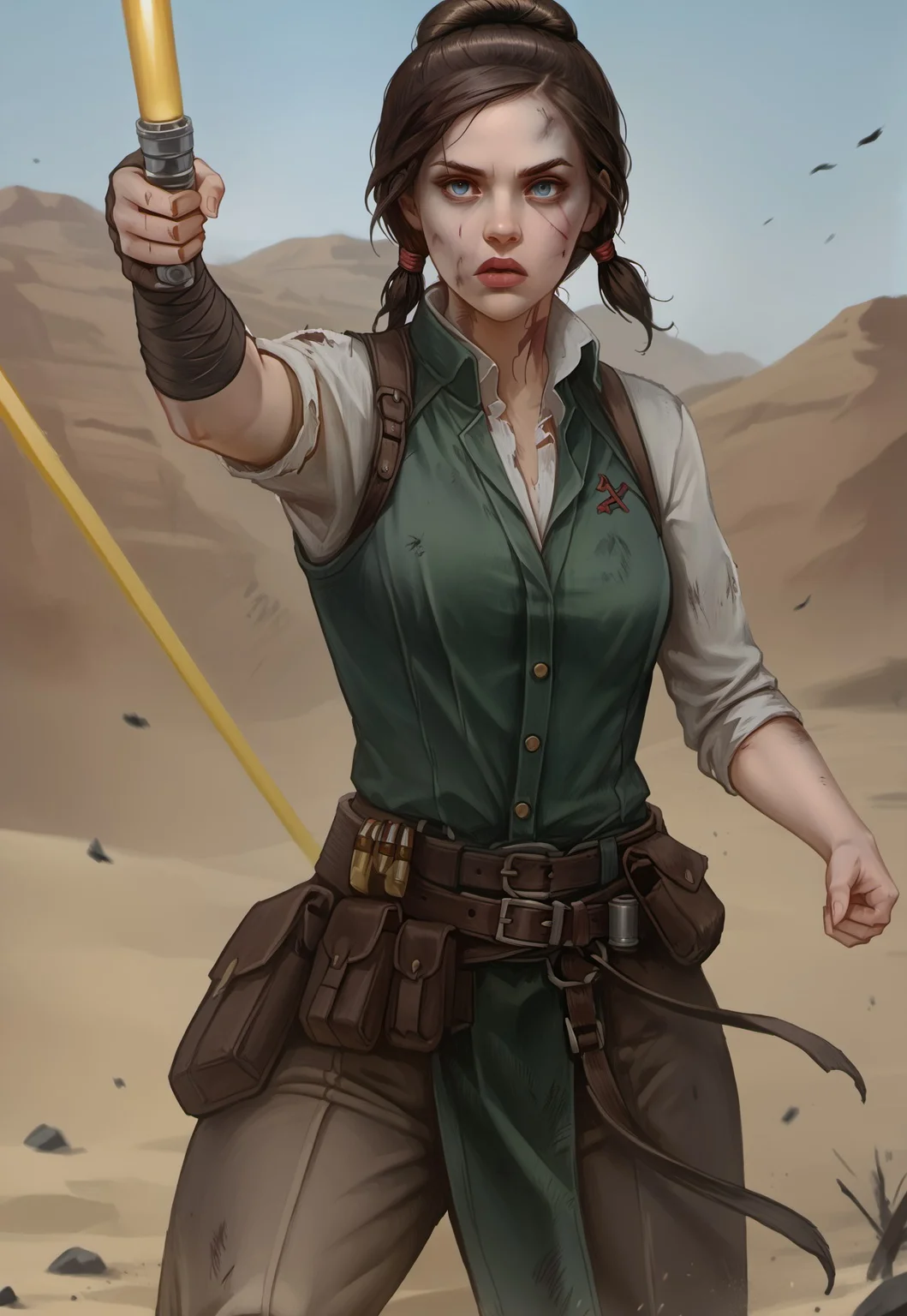 safe_pos, ((zPDXL3)), OZRN, digital art, score_9,score_8_up,score_7_up,score_6_up,
1girl, solo, bastila shan, bastilashan, blue eyes, brown hair, high hairbun, medium breasts, lips, low pigtails,
((brown-yellow jedisuit)), bandaged arm,
BattleDamage, cuts, bruises,
in danger, distressed, alarmed, (combat stance), (holding yellow lightsaber), ((action stance, action pose)),
dramatic, danger, dutch angle, dof, sand desert background,
<lora:bastilashan:1> <lora:Battle_Damage:0.3> <lora:hand 4:0.5>