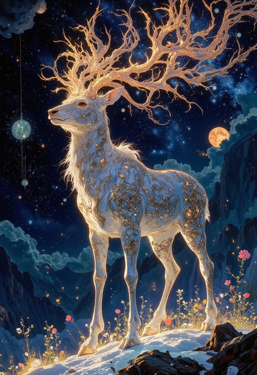 hyper realistic, a majestic A majestic gem deer standing in a glowing dreamscape, its antlers stretching into infinite patterns of fractal light. The ground beneath it ripples like liquid color, and the sky above is a swirling mass of stars and nebulas, surrounded by ethereal forest spirits, glowing flora, magical atmosphere, extremely high-resolution details, photographic, realism pushed to extreme, fine texture, incredibly lifelike, Cinematic, beautiful, vibrant, masterpiece, 32k, ultra HD, ultra-detailed, amazing quality, amazing artist, sharp edges, detailed textures, full view, atmospheric lighting, amazing visuals