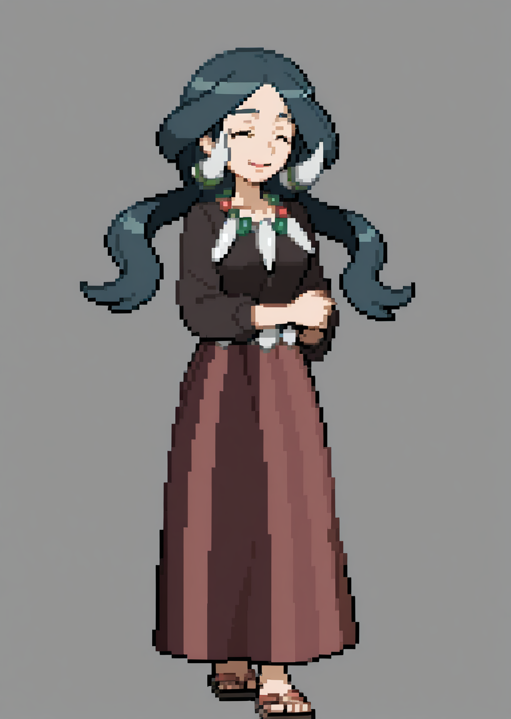 score_9, score_8_up, score_7_up, score_6_up, score_5_up, score_4_up, masterpiece,  detailed, high quality, BREAK, full body, 1girl, shiny skin,    <lora:Drasna (Pokemon X&Y) [Illustrious]:0.8> long hair, black hair, necklace, drasna (pokemon), drasna, eyes closed, hairpiece, closed eyes, mature female, <lora:Trainer_Sprites_for_Illus_2:0.8>