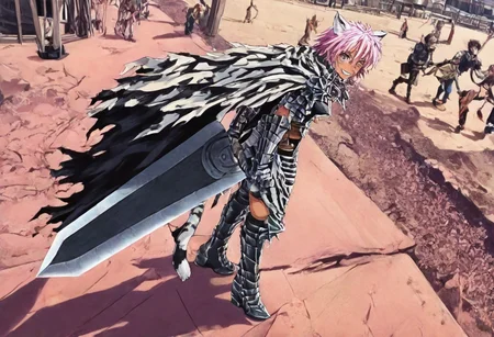 masterpiece, very aesthetic, anime screenshot, 1girl, Pink_PonyXL, DragonSlayerSword-Il.V1.0, white tiger striped armor, white tiger striped shoulder armor, gauntlets, greaves, bandaged arm, white tiger striped cape, torn cape, bright pink hair, cat ears, scar on nose, cat bell around neck, tanned, white tiger tail, small breasts, femine body, smiling, making a cute cat face, single fanged tooth showing, standing, looking at viewer, side view, wielding-dragonslayer, huge weapon, sword, holding sword, holding weapon, full body, zoomed in on pink_ponyxl, Dutch angle, cowboy shot
Break
City square, bright and sunny, happy adoring crowd,
