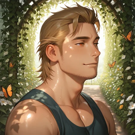 masterpiece, best quality, amazing quality, absurdres, newest, detailed background, definition so sharp, Ultra-HD, 8K cinematic, very awa, impressionate, amazing quality, highres,
solo, male focus, manly, plump, shadow, shiny skin,
ekusoushizumu, ekusou_brunette, ekusou_orange eyes, 1boy, short hair, sideburns, stubble, garden, blooming_flowers, butterflies, fairy_lights, soft_breeze, dreamy_atmosphere, whimsical, enchanted, sun_dappled, arbor, ivy, peaceful_garden, gentle_smile