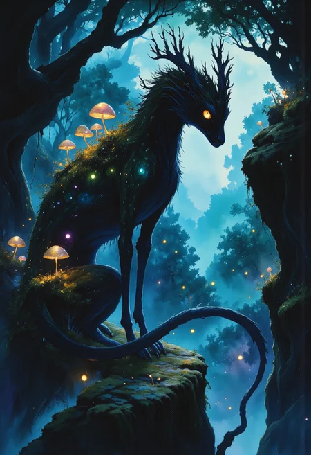 In the heart of an ancient, mystical forest, bathed in the eerie glow of a moon concealed behind thick, swirling clouds, stands a fantastical dragon, its form more akin to an ethereal hound than a fearsome beast. The creature’s body is cloaked in a rich, dark moss that appears almost black in the dim light, with hints of deep turquoise and violet veins coursing through the surface, shimmering with hidden magic. Soft, iridescent mushrooms, glowing faintly in deep purple and emerald hues, sprout from its back, casting flickers of light that dance across the shadows of the forest floor.
The moss-covered dragon stands tall, its sturdy form grounded in the damp earth, with a long, curling tail that shifts with the whispering breeze. Its eyes gleam with a gentle, mischievous joy, reflecting the light of distant, haunting fireflies. The creature looks directly at the viewer, a soft smile in its expression, exuding a playful warmth despite its dark, mysterious surroundings.
The forest around it is a labyrinth of twisted, ancient trees wrapped in dark, velvety moss, their branches reaching toward the sky like shadowed fingers. Hints of deep turquoise and dark purple swirl in the air, blending into the atmosphere, as though the entire realm is bathed in a palette of deep, enchanted twilight. dfmstyle, lndscpx, Studio Ghibli Dark Fairytale