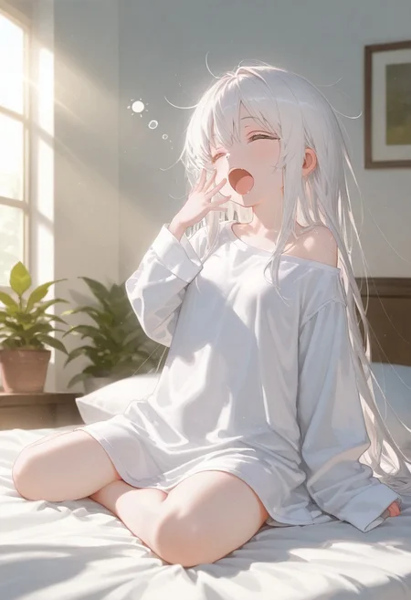 masterpiece,best quality,amazing quality, solo, 1girl, petite, white hair, white clothes, oversized shirt, sitting on bed side, yawning, morning, sunlight, white walls, plants