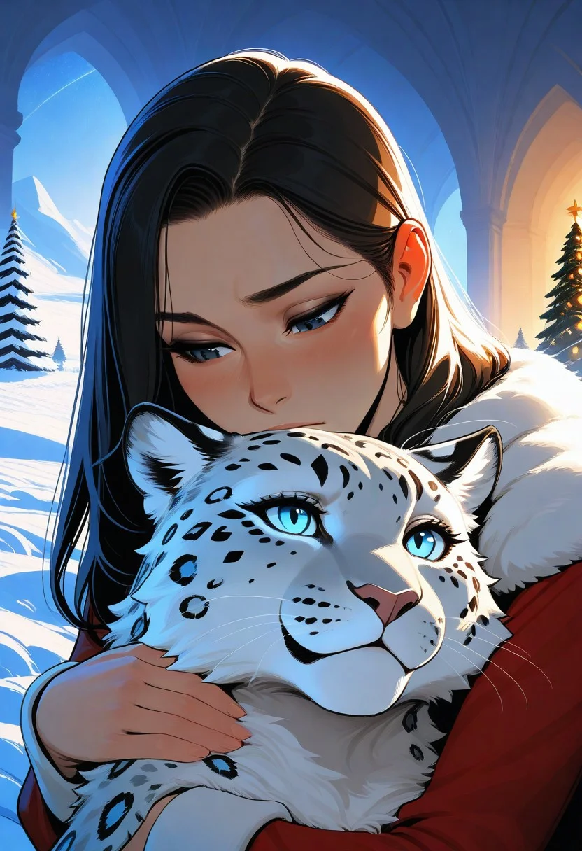 artist;incase, flat colors, high detailed, high quality, masterpiece, 1 girl, hugging pet snow leopard, heroic fantasy, snow field, portrait, cute,
animal christmas, dynamic lighting,