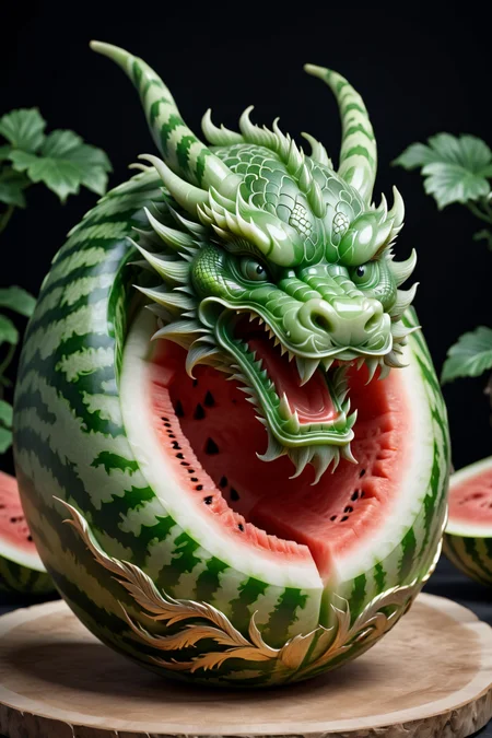 <lora:Dragon_Engraving-000002:0.8> dragon engraving carved into a watermelon (fruit), 8k resolution,
