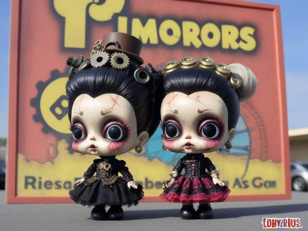 <lora:LowBrowXL:0.85>, <lora:Frac_XL:1> , creepy punk and steampunk 6lowbrow dolls, abandoned mall parking lot, lowbrow dolls with frac_xl cracked heads, in the style of lowbrow, HD-photo, realistic quality details,  text = "TOYS R US", closed sign,  in the style of frac_xl