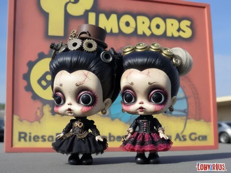 <lora:LowBrowXL:0.85>, <lora:Frac_XL:1> , creepy punk and steampunk 6lowbrow dolls, abandoned mall parking lot, lowbrow dolls with frac_xl cracked heads, in the style of lowbrow, HD-photo, realistic quality details, text = "TOYS R US", closed sign, in the style of frac_xl