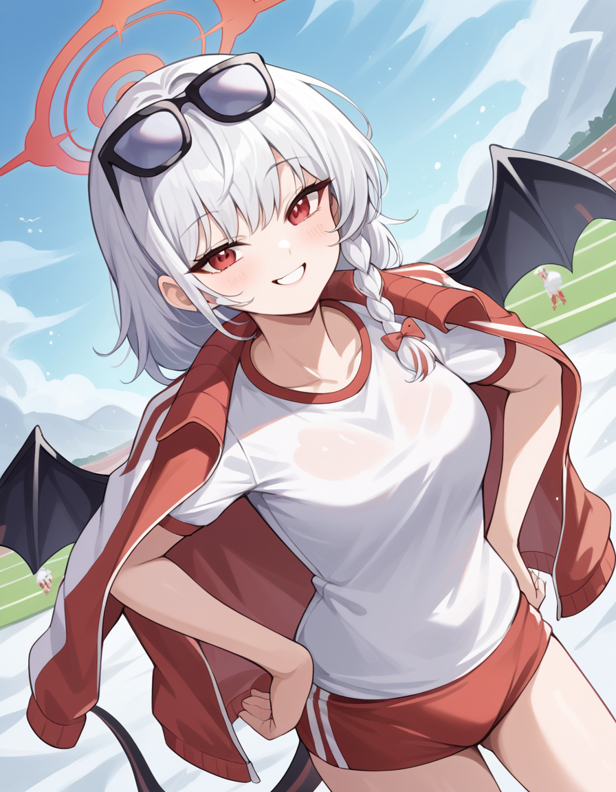 score_9, score_8_up, score_7_up, source_anime, <lora:haruna-kurodate-ponyxl-lora-nochekaiser:1>, haruna kurodate, haruna (blue archive), white hair, red eyes, demon girl, bangs, braid, single braid, long hair, halo, albino, medium breasts,, black tail, black wings, buruma, gym shirt, gym uniform, jacket, jacket on shoulders, red buruma, red shorts, shorts, single wing, sunglasses, track jacket, white shirt, wings, snow day, winter clothes, snowball fight, laughter, cold breath, white landscape, smile, looking at viewer, smug, hands on hips,, solo,, cowboy shot, dutch angle,