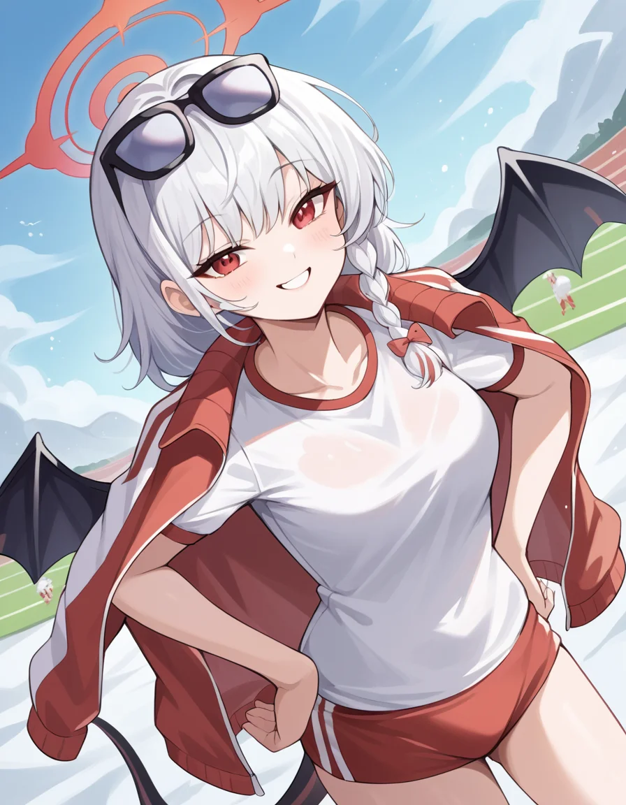 score_9, score_8_up, score_7_up, source_anime, <lora:haruna-kurodate-ponyxl-lora-nochekaiser:1>, haruna kurodate, haruna (blue archive), white hair, red eyes, demon girl, bangs, braid, single braid, long hair, halo, albino, medium breasts,, black tail, black wings, buruma, gym shirt, gym uniform, jacket, jacket on shoulders, red buruma, red shorts, shorts, single wing, sunglasses, track jacket, white shirt, wings, snow day, winter clothes, snowball fight, laughter, cold breath, white landscape, smile, looking at viewer, smug, hands on hips,, solo,, cowboy shot, dutch angle,