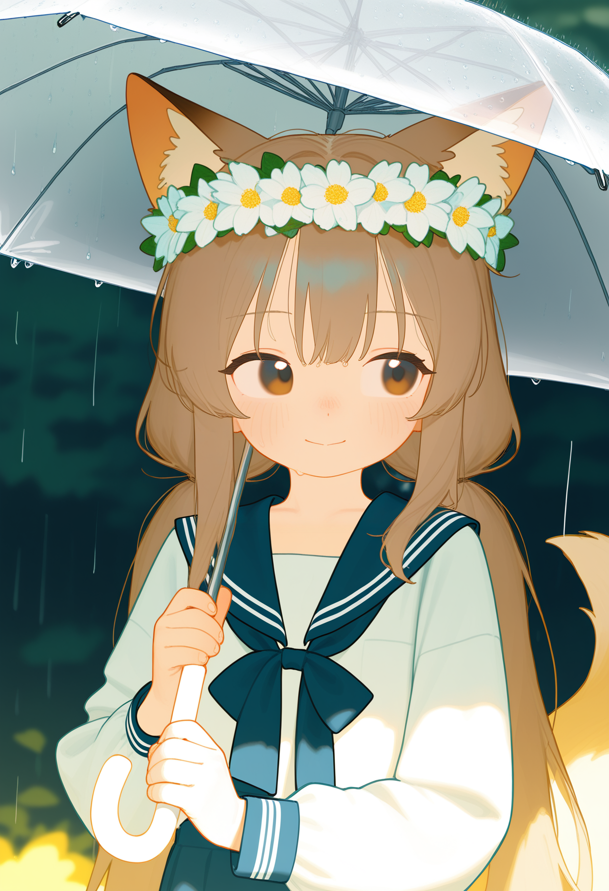 bikabaka,
1girl, solo, long hair, blush, smile, shirt, brown hair, long sleeves, holding, animal ears, closed mouth, twintails, brown eyes, tail, white shirt, upper body, flower, outdoors, serafuku, blue serafuku, sailor collar, blurry, animal ear fluff, looking to the side, fox ears, blurry background, depth of field, fox tail, low twintails, umbrella, white flower, fox girl, blue sailor collar, rain, holding umbrella, transparent, head wreath, flower wreath, transparent umbrella, very long hair, 
, masterpiece, best quality, good quality,
<lora:ai_styles_collection_noob_eps-1.1-v5:1>