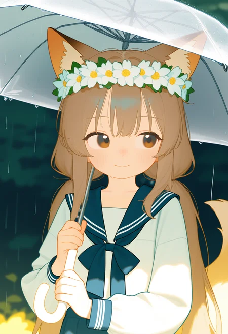 bikabaka,
1girl, solo, long hair, blush, smile, shirt, brown hair, long sleeves, holding, animal ears, closed mouth, twintails, brown eyes, tail, white shirt, upper body, flower, outdoors, serafuku, blue serafuku, sailor collar, blurry, animal ear fluff, looking to the side, fox ears, blurry background, depth of field, fox tail, low twintails, umbrella, white flower, fox girl, blue sailor collar, rain, holding umbrella, transparent, head wreath, flower wreath, transparent umbrella, very long hair,
, masterpiece, best quality, good quality,
<lora:ai_styles_collection_noob_eps-1.1-v5:1>