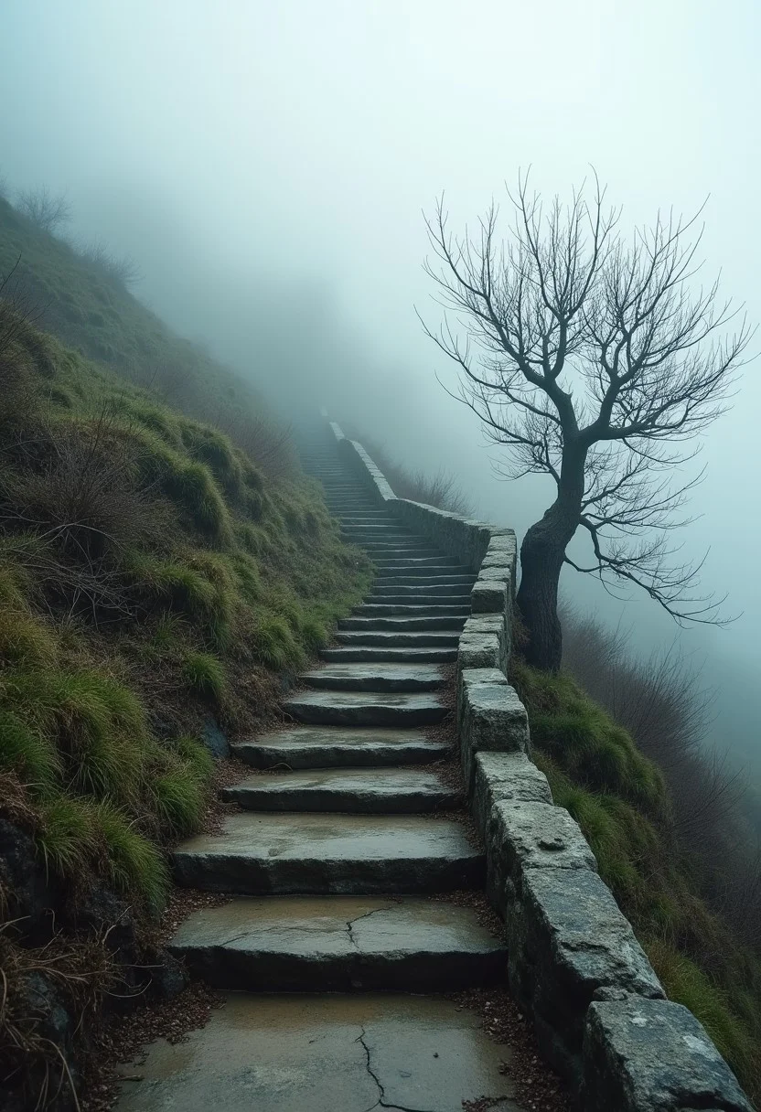 An ancient stone staircase winding up a hill, shrouded in mist, with a gnarled, leafless tree next to it.