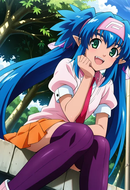 street, trees,
BREAK,
open smile, sitting, hand on chin
cowboy shot, dynamic angle, 
BREAK,
<lora:_illustriousXL_v01:0.9>
klanrnd, klancasa, pointy ears, dark skin, dark skinned female, blue hair, green eyes, pink bandana, twintails, very long hair, hair ornament, 
pink sweater, short sleeves, pink shirt, white shirt, pink necktie, orange skirt, pleated skirt, miniskirt, 
purple thigh highs, pink shoes,, source_anime, very aesthetic, anime coloring, masterpiece, 
best quality, amazing quality, ultra detailed, very aesthetic, 
detailed background, 
BREAK,