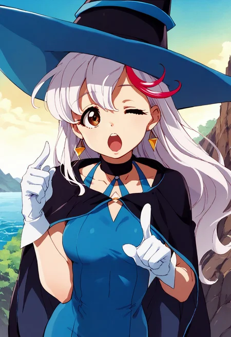 score_9,score_8_up,score_7_up, aikawa_akane, 1girl, solo, long hair, streaked hair, multicolored hair, white hair, red hair, brown eyes, akane_witch, witch hat, hat, blue dress, choker, cape, jewelry, earrings, gloves, pantyhose, front view, upper body, breasts, cliff, day, water, look up, open mouth, one eye closed, wink, pointing finger up,